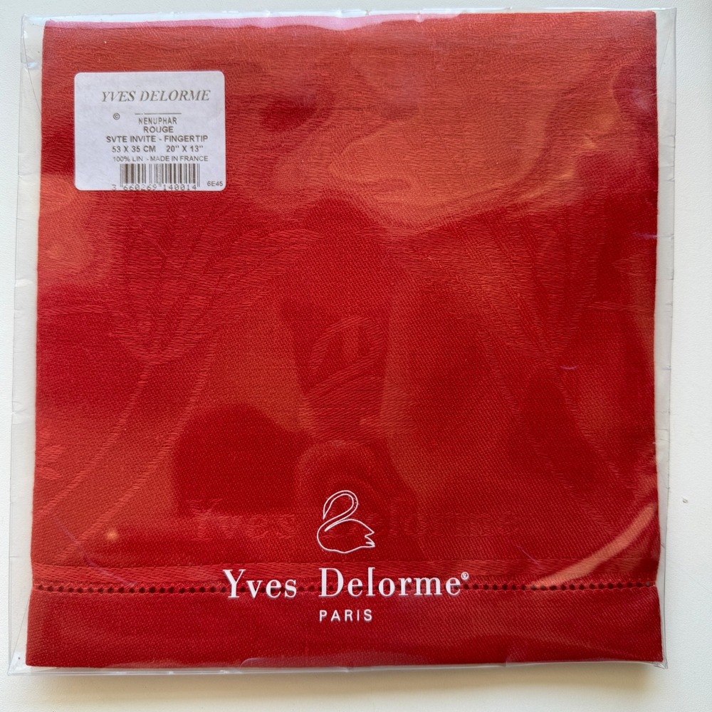 Yves Delorme Nenuphar Rouge Red 100% Linen Fingertip Guest Towel Made in France